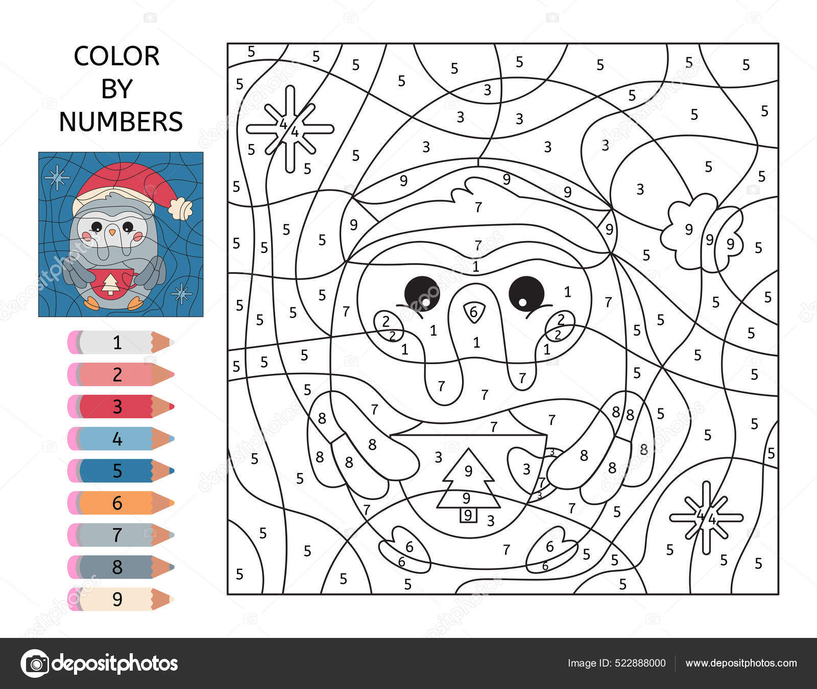 Color by numbers cute owl with hot chocolate in mug christmas coloring page educational game for preschool kids activity worksheet learn numbers kawaii forest animal stock vector by kristina