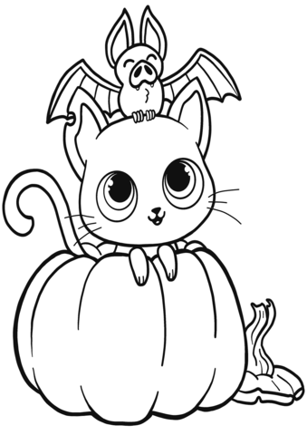 Bat cat and pumpkin coloring page free printable coloring pages