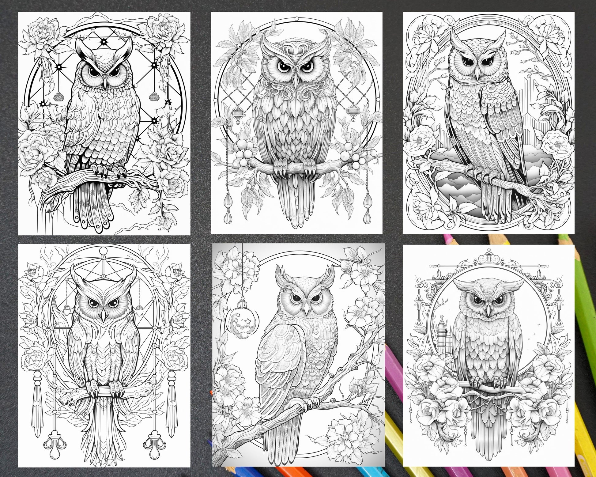 Floral owl grayscale printable coloring pages for adults pdf file â coloring