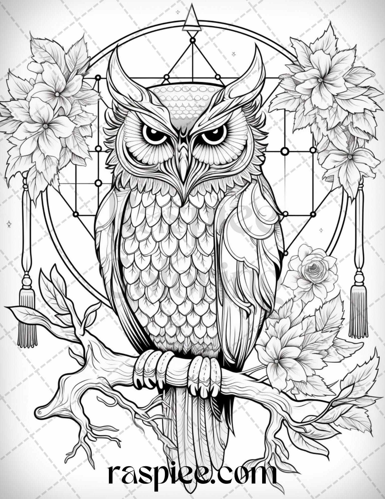 Floral owl grayscale printable coloring pages for adults pdf file â coloring