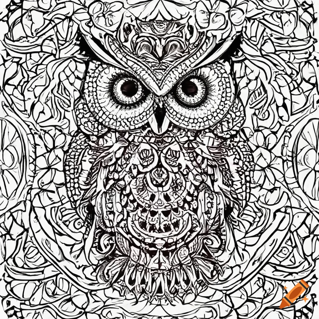 Coloring page for adults mandala owl image white background clean line art fine line art