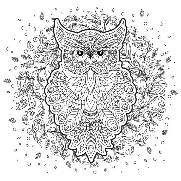 Coloring page with cute owl and floral frame stock illustration