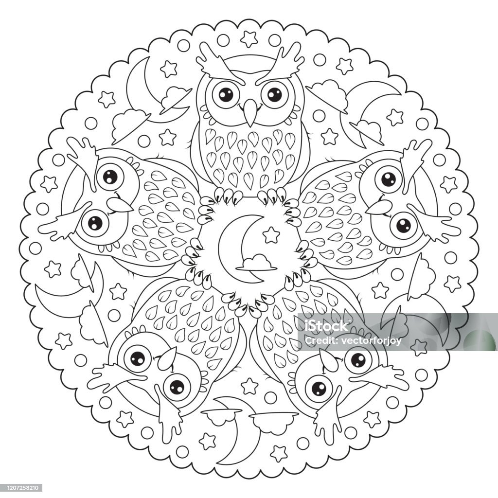 Coloring page mandala with owl moon stars clouds vector illustration stock illustration