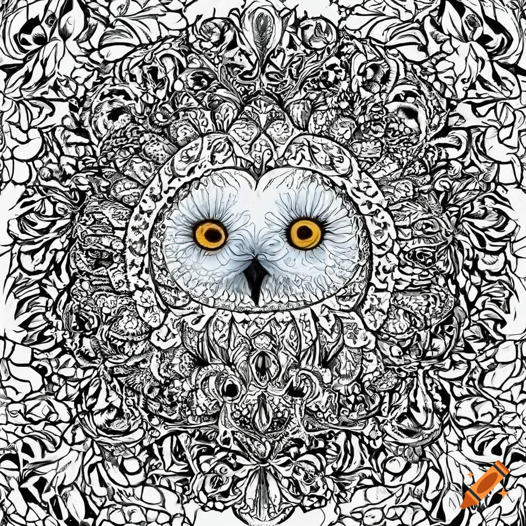 Coloring pages for adult mandala bird image snowy owl white background black and white on