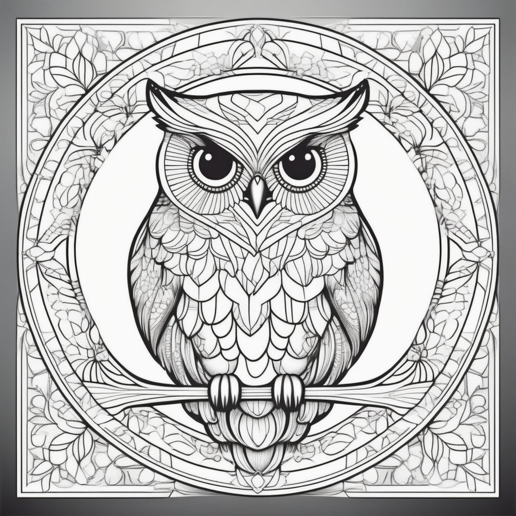 Single realistic black and white line art coloring book page owl