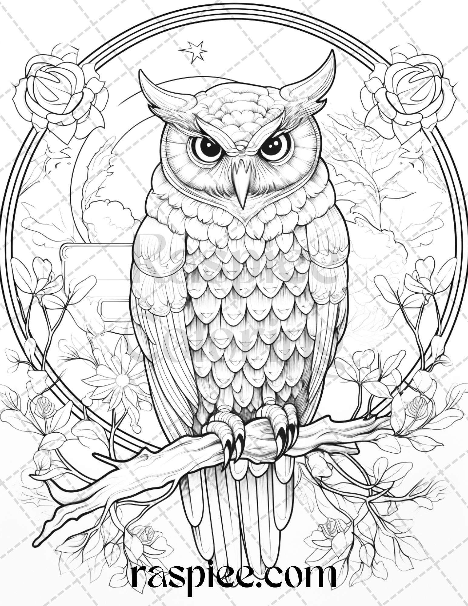 Floral owl grayscale printable coloring pages for adults pdf file â coloring