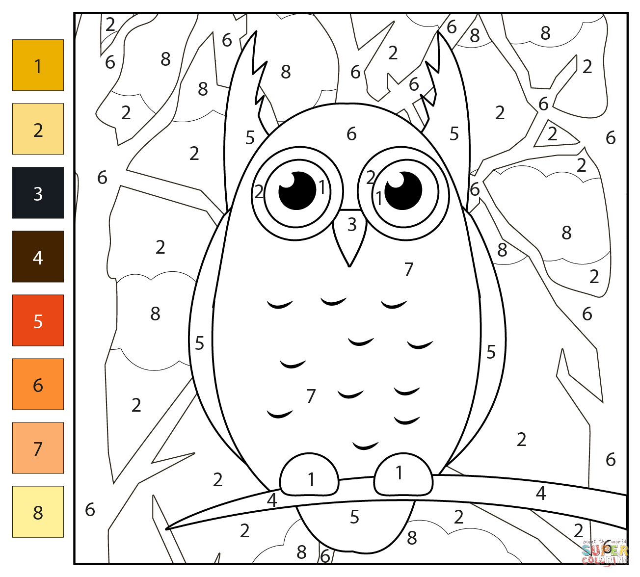 Owl color by number free printable coloring pages