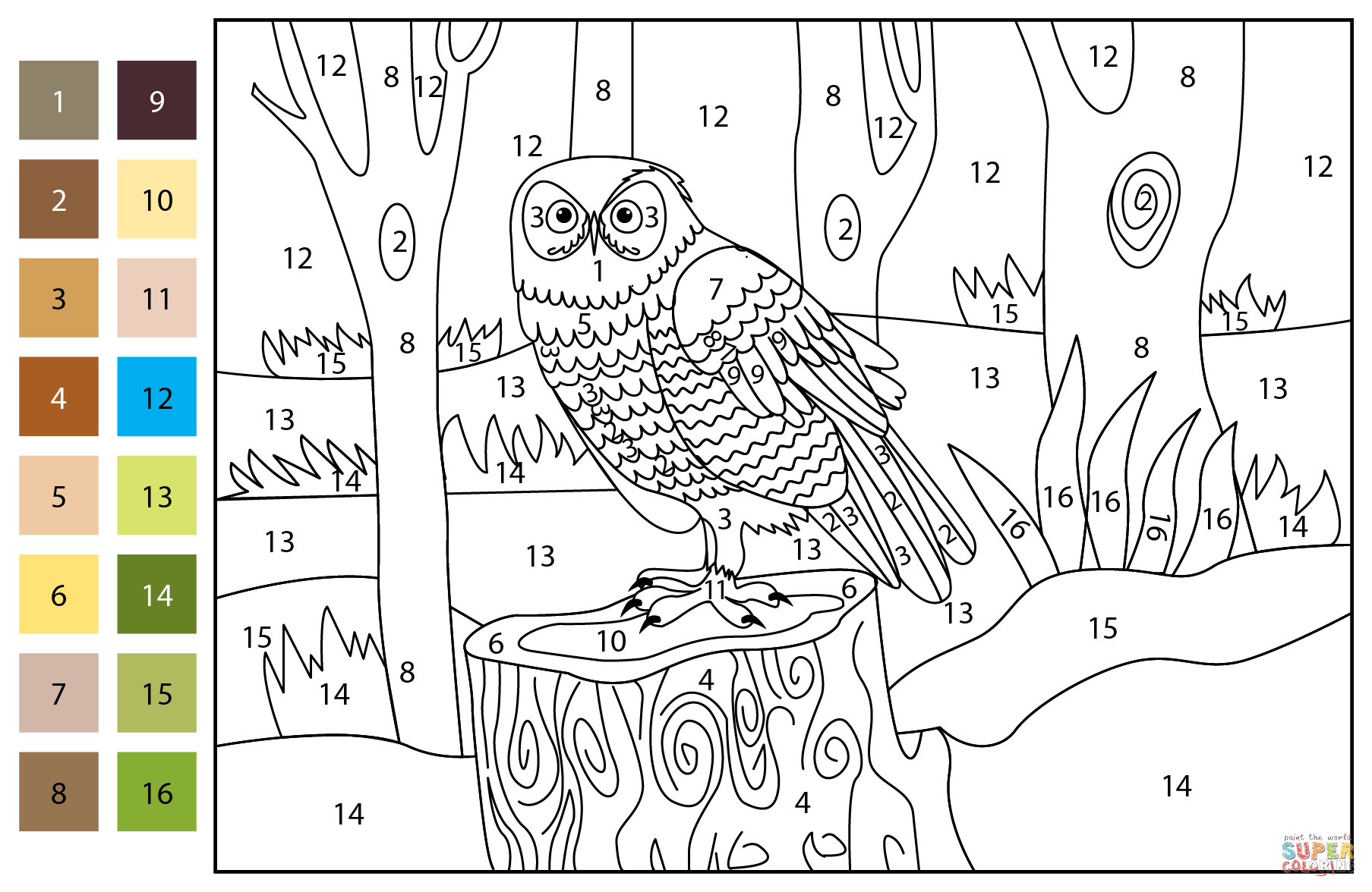 Owl color by number free printable coloring pages