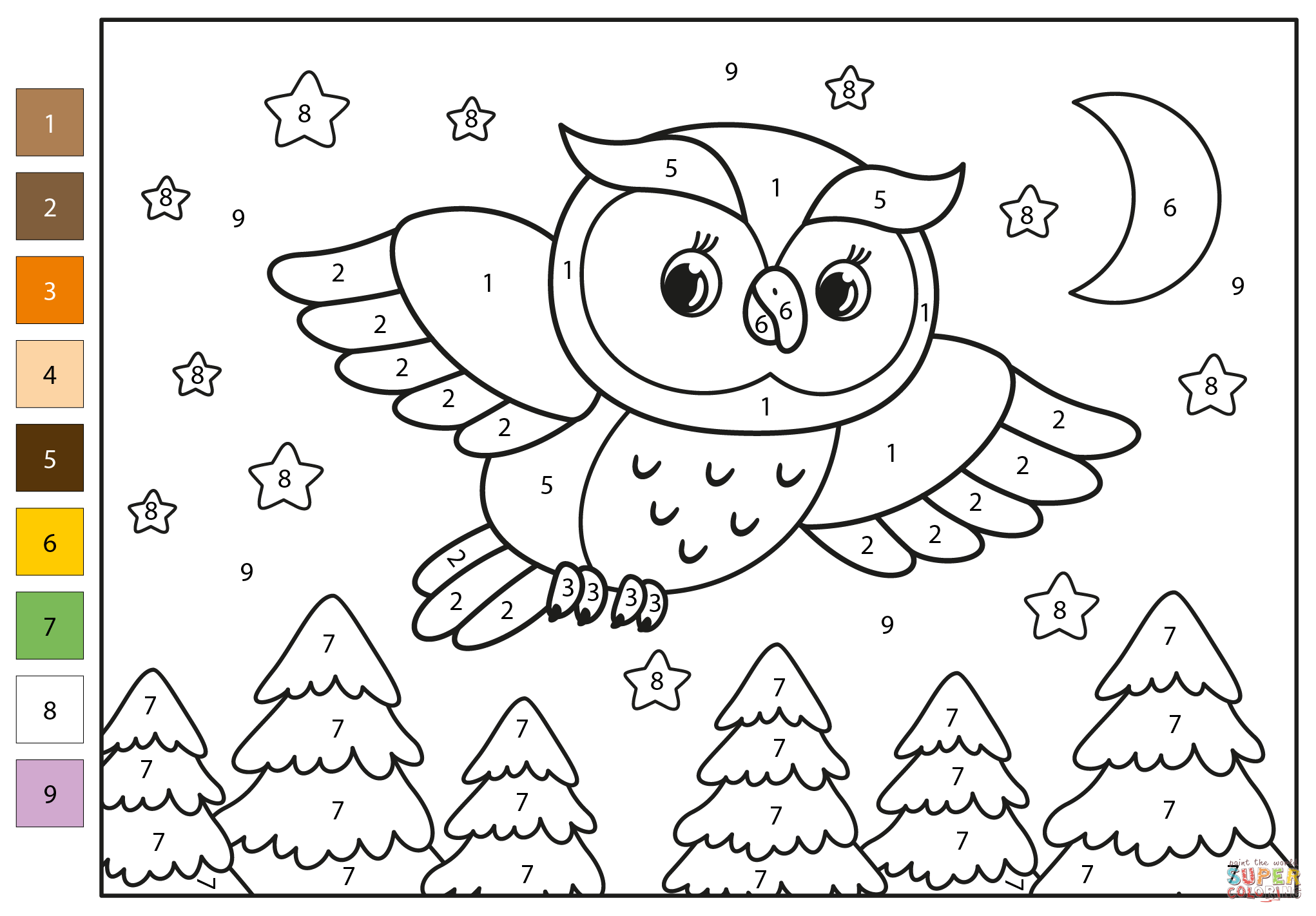 Owl color by number free printable coloring pages