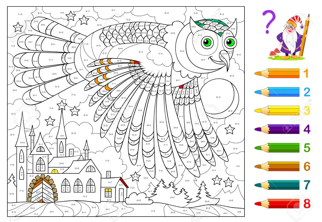 Math education for little children coloring book mathematical exercises on addition and subtraction solve examples and paint flying owl developing counting skills printable worksheet for kids royalty free svg cliparts vectors and