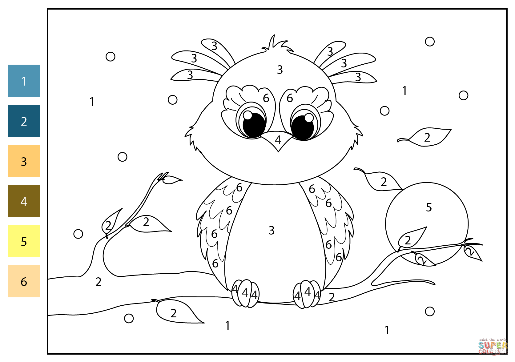 Owl color by number free printable coloring pages