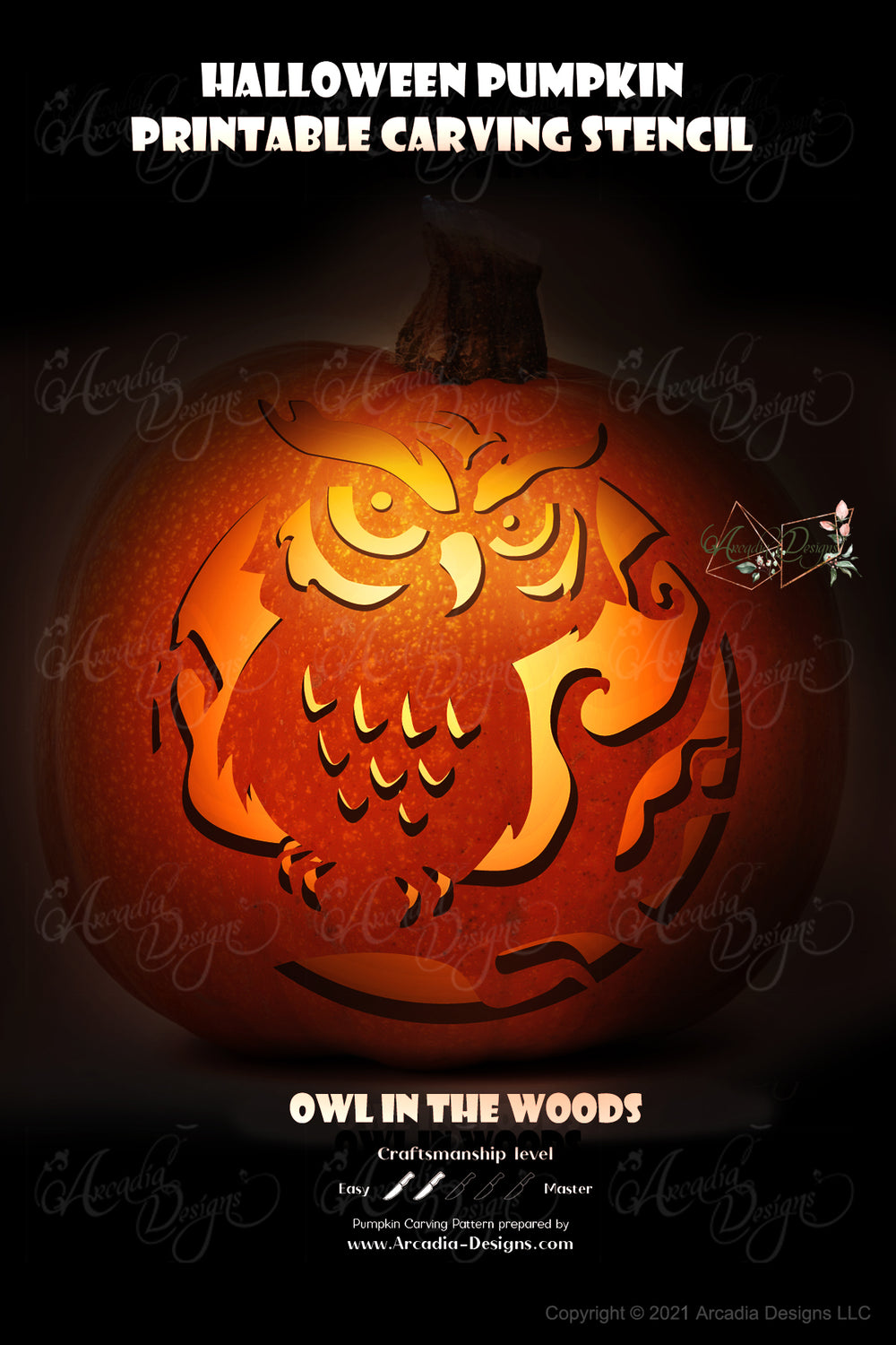 Owl in the woods printable halloween pumpkin carving pattern stencil â arcadia designs