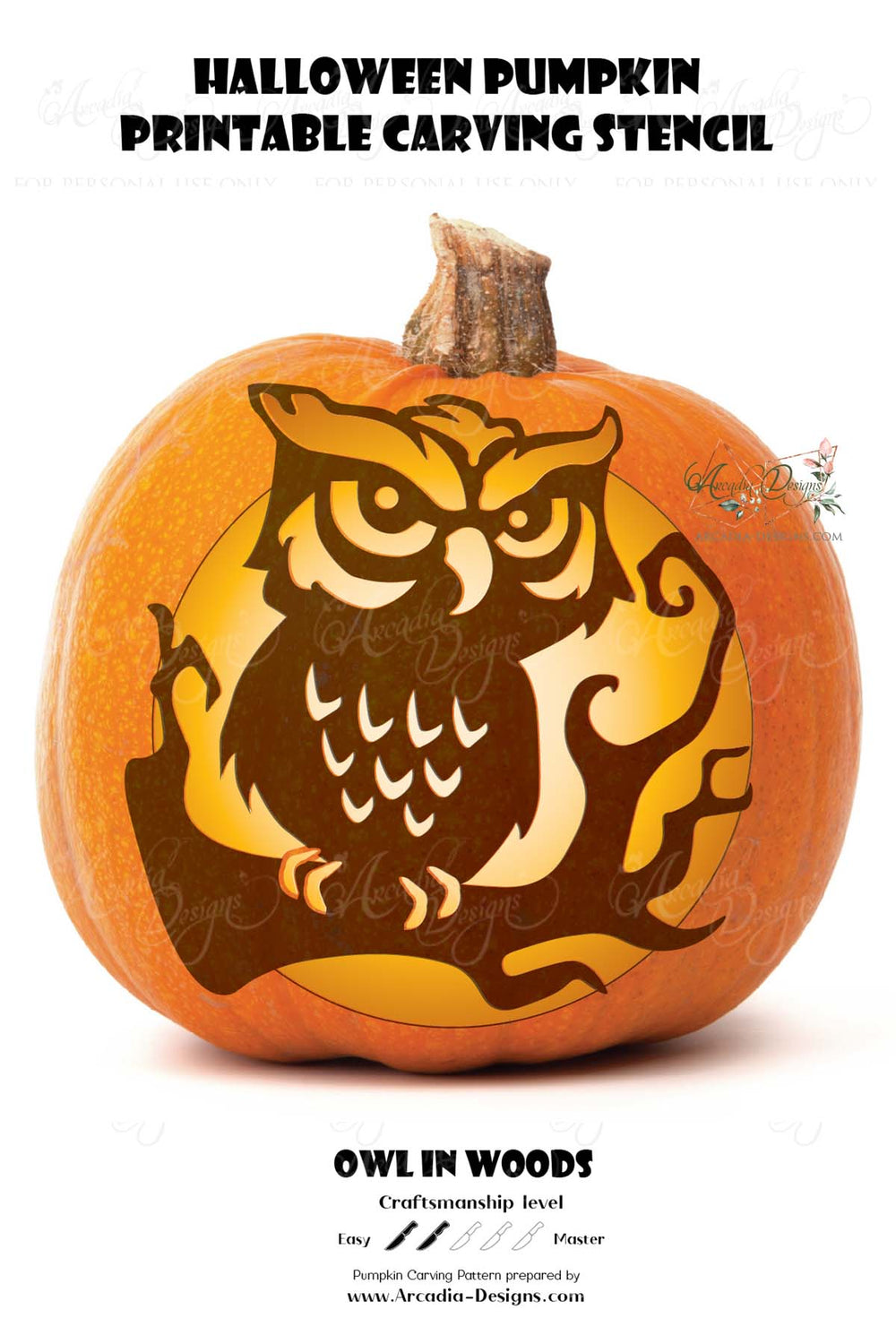 Owl in the woods printable halloween pumpkin carving pattern stencil â arcadia designs