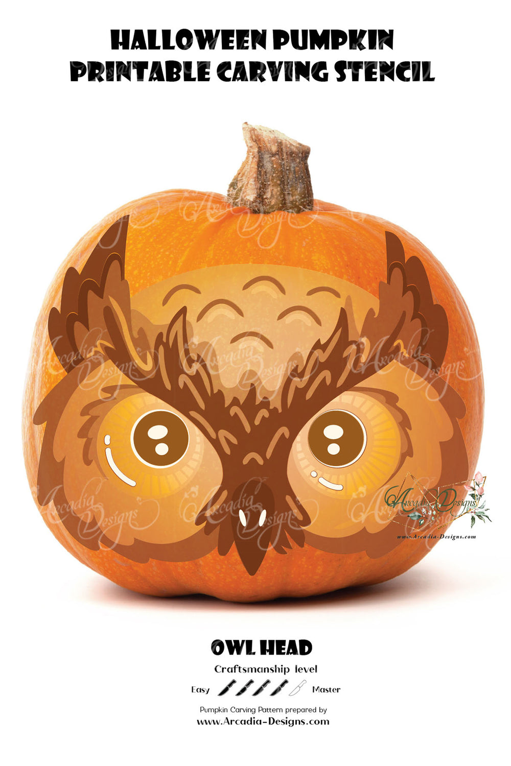 Owl head printable halloween pumpkin carving pattern stencil â arcadia designs