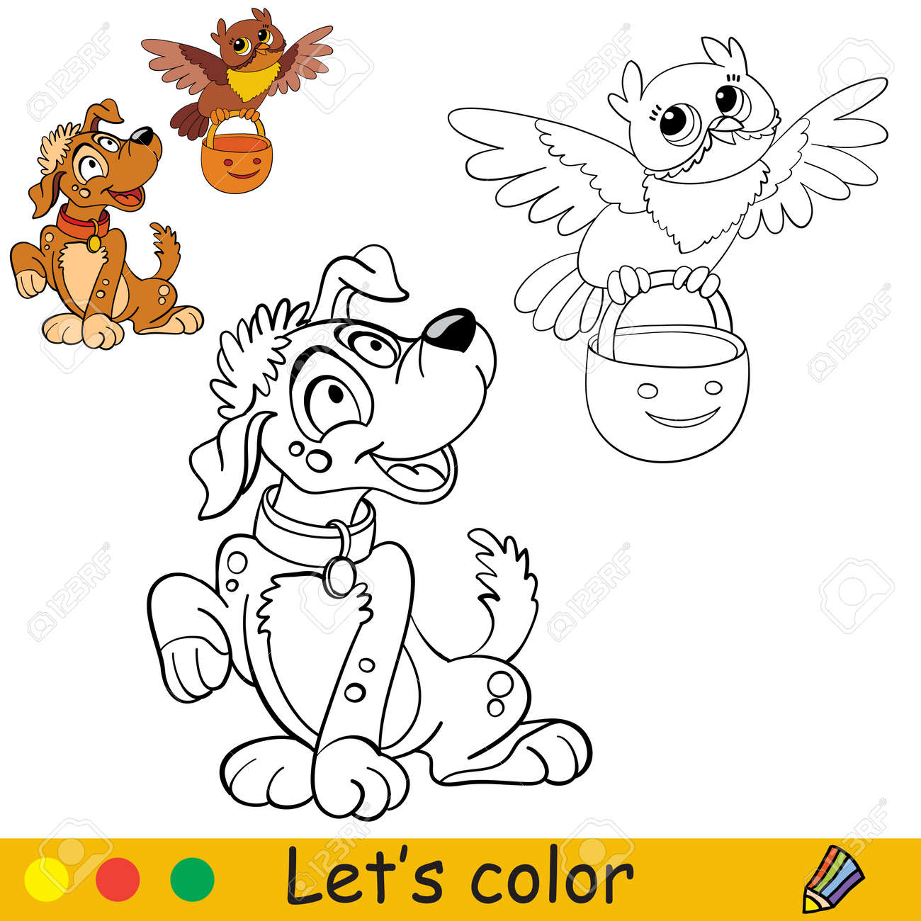 Cute puppy and a flying owl with a pumpkin halloween concept coloring book page for children with colorful template vector cartoon illustration for print preschool education and game royalty free svg cliparts