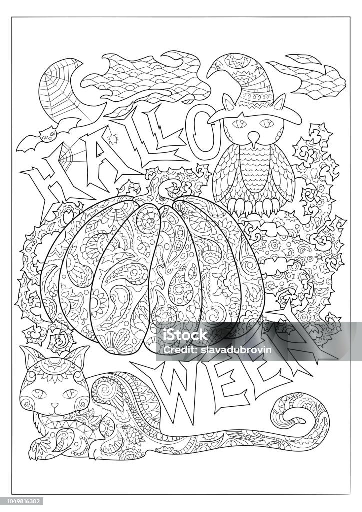 Halloween vector coloring page with owl stock illustration