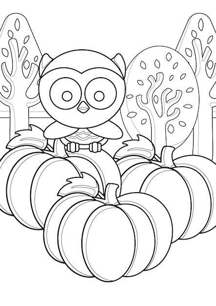 Premium vector cute owl bird and pumpkins coloring pages a for kids and adult