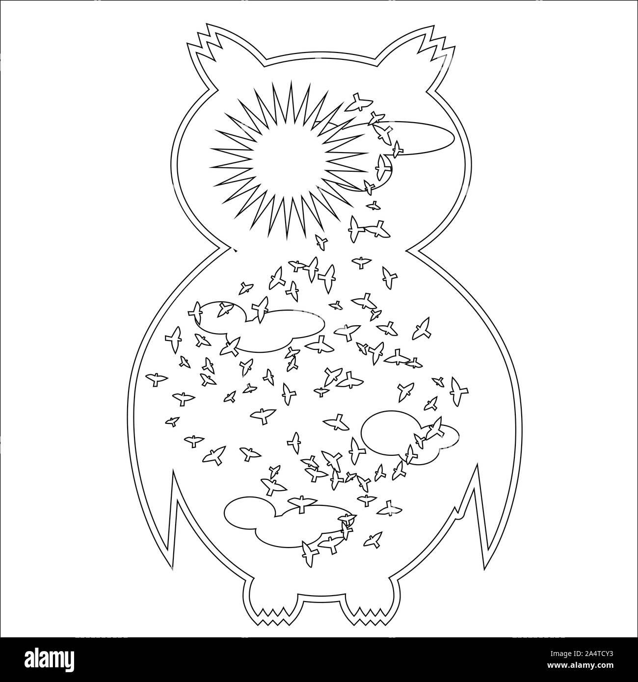 Coloring page with symbol moon sun owl coloring book for adult antistress album wall mural art tattoo black and white outline illustration stock photo