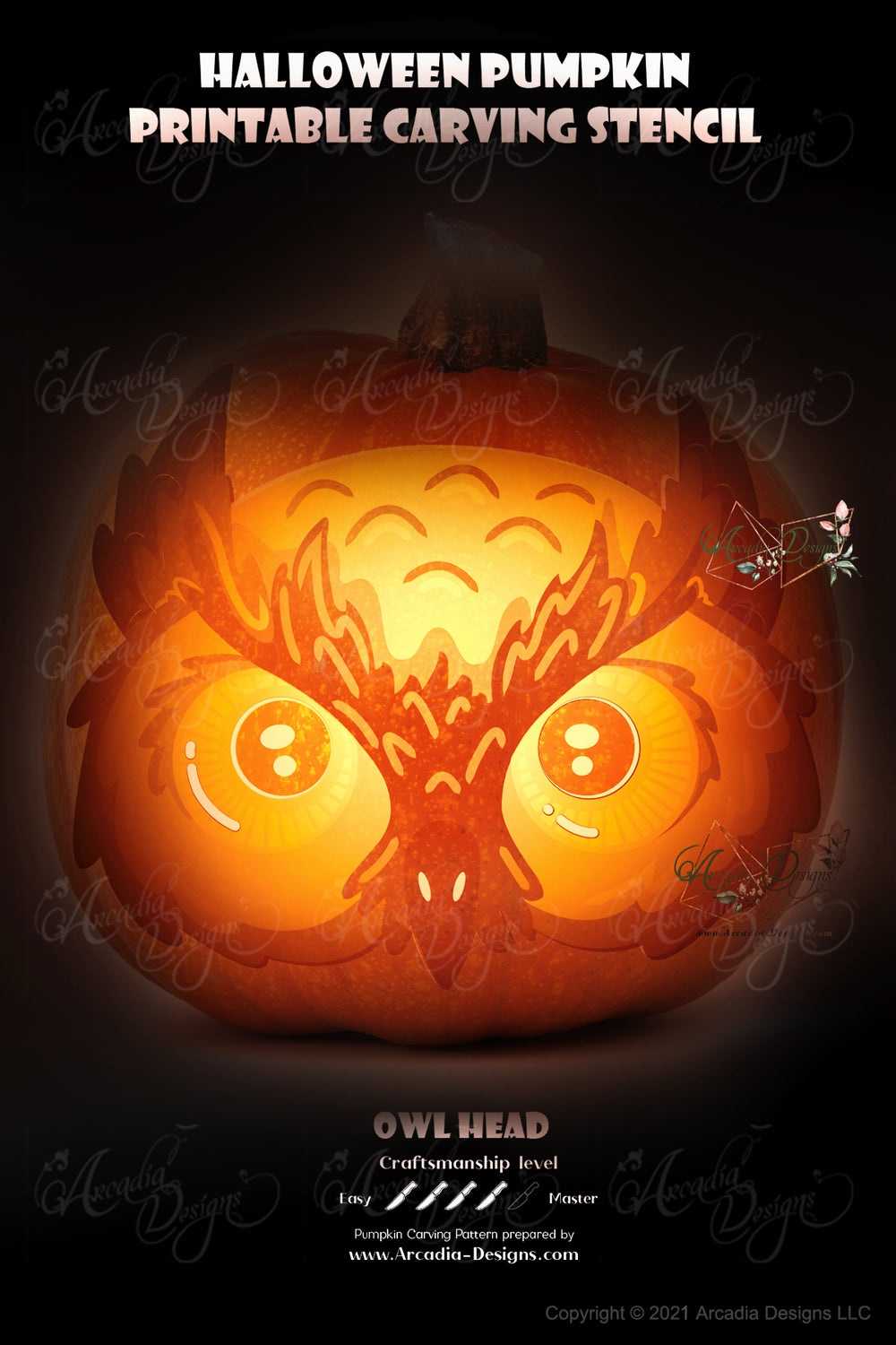 Owl head printable halloween pumpkin carving pattern stencil â arcadia designs