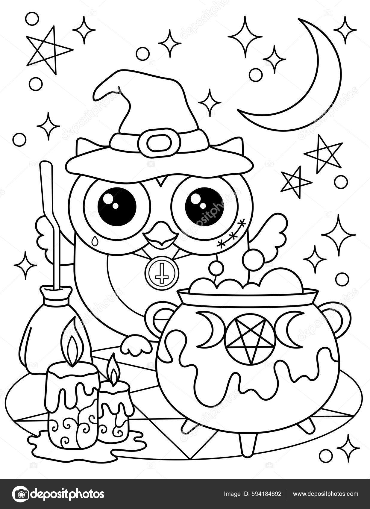 Halloween coloring page owl witch hat cauldron broom nice black stock vector by meineillustrations