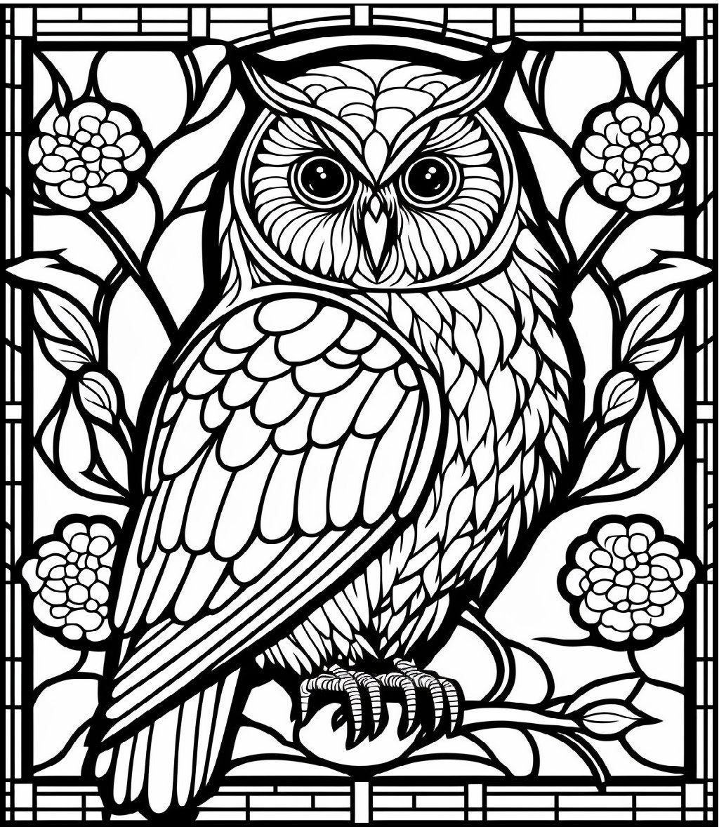 Owl stained glass window printable adult coloring page from