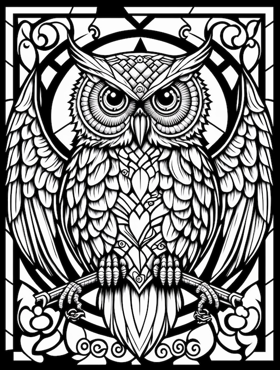 Owl stained glass window printable adult coloring page from colouringquest coloring book pages for adults coloring pictures for kids