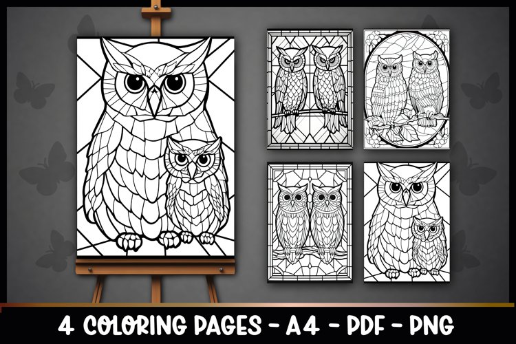 Owls stained glass coloring book pages