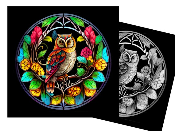 Round owl night stained glass pattern print download digital art adjustable to x dpi round owl wall art print coloring sheet