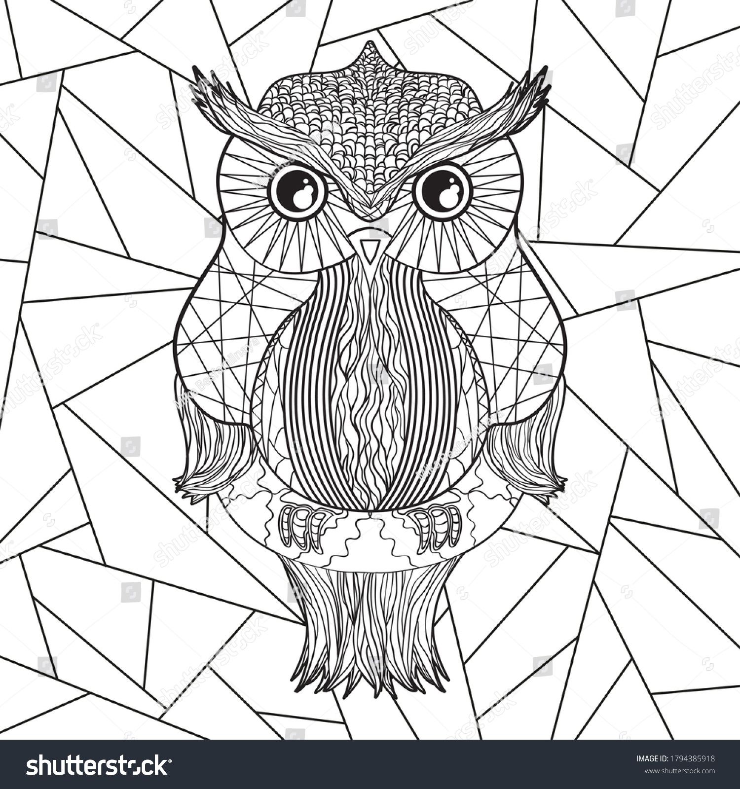 Square pattern geometric owl stainedglass window stock illustration