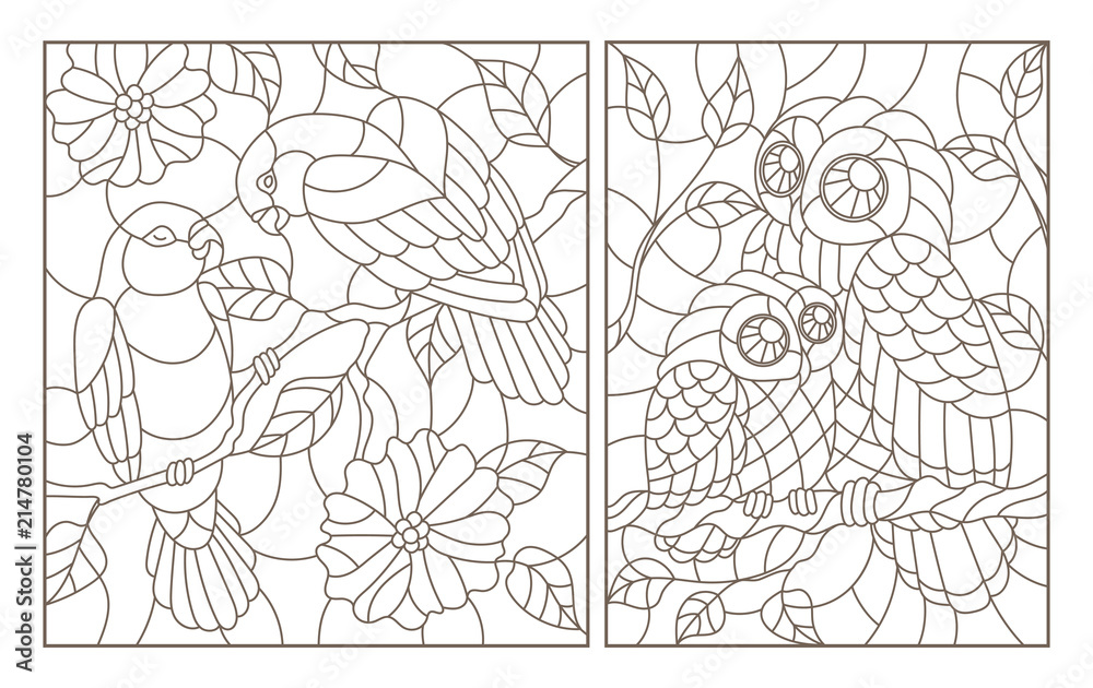 A set of contour illustrations in the style of stained glass with birds a pair of parrots lovebirds and owl with owlet dark contours on a white background vector