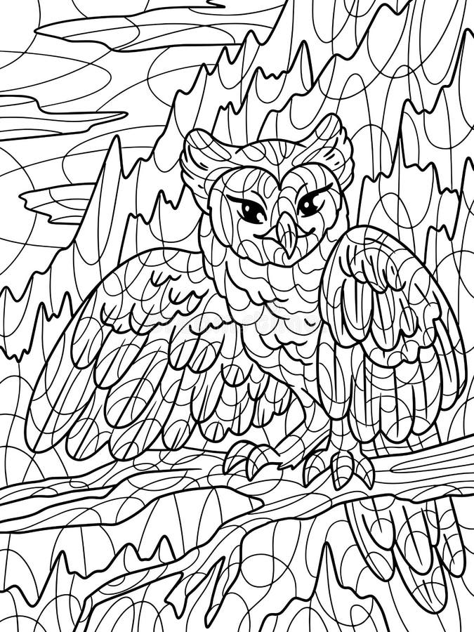 An owl sits on a branch against the backdrop of mountains and forest children picture adult antistress coloring page stock vector