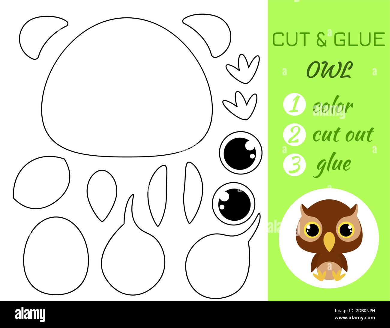 Simple educational game coloring page cut and glue sitting baby owl for kids educational paper game for preschool children color cut parts and glue stock vector image art