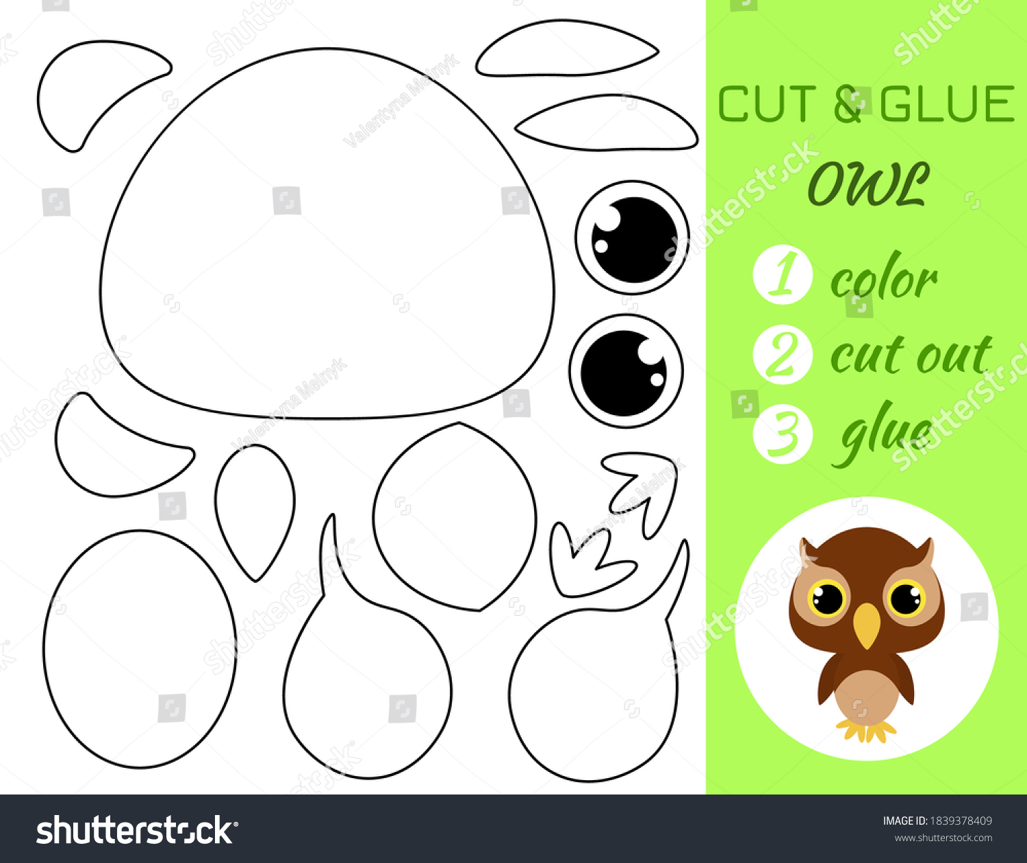 Coloring book cut glue baby owl stock vector royalty free