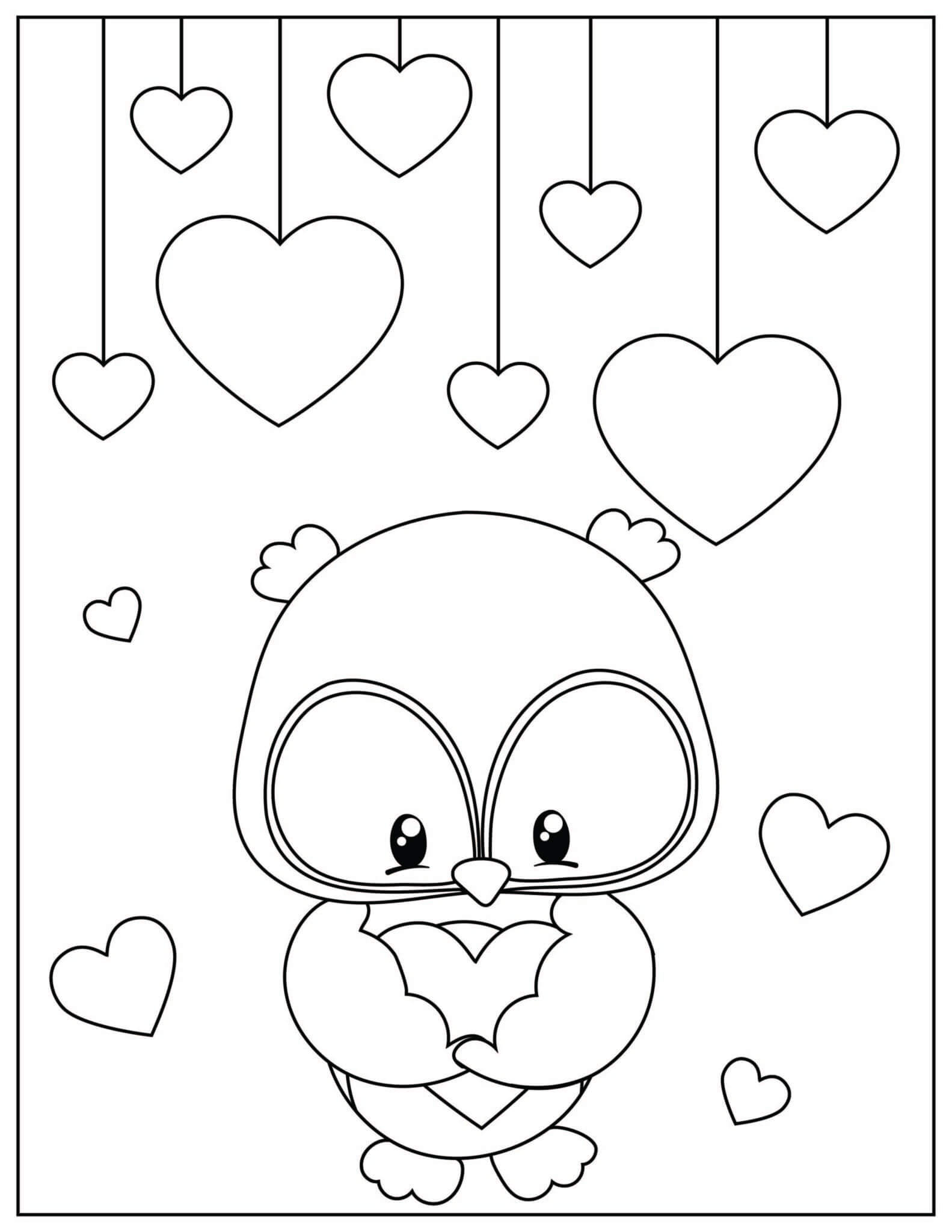 Cute owl in valentine coloring page