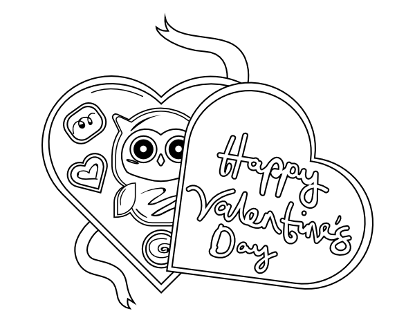 Printable owl valentines day chocolates coloring page