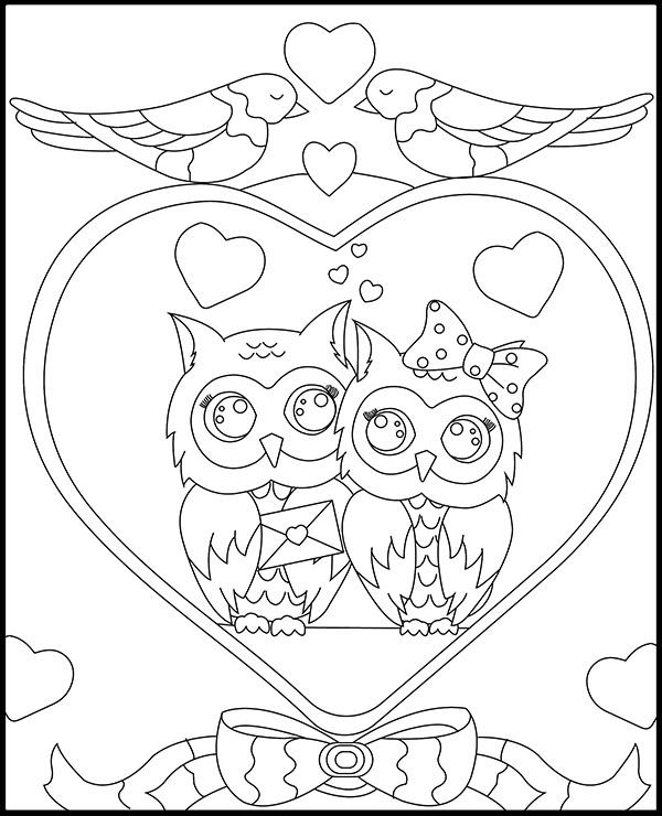 Owls hearts coloring page for valentines day