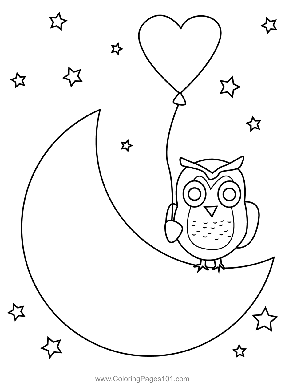 Owl on the moon with love balloon coloring page for kids