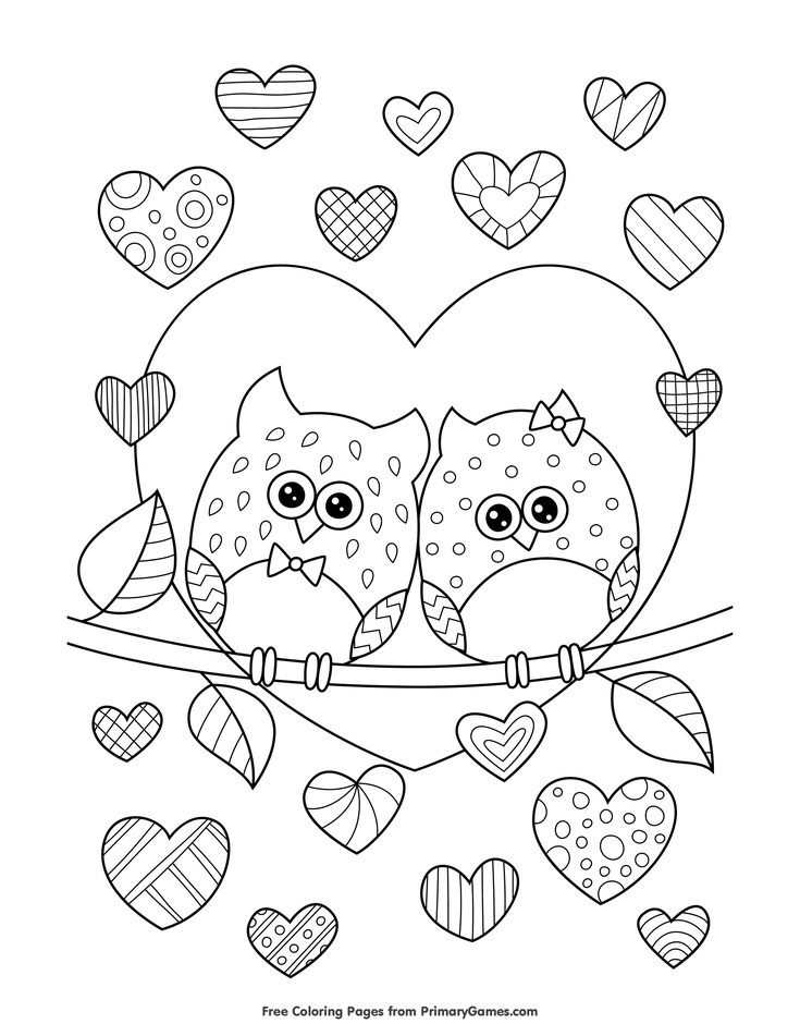 Owls in love with hearts coloring page â free printable ebook owl coloring pages printable valentines coloring pages heart coloring pages