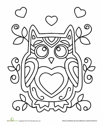 Have fun coloring with this adorable valentine owl worksheet