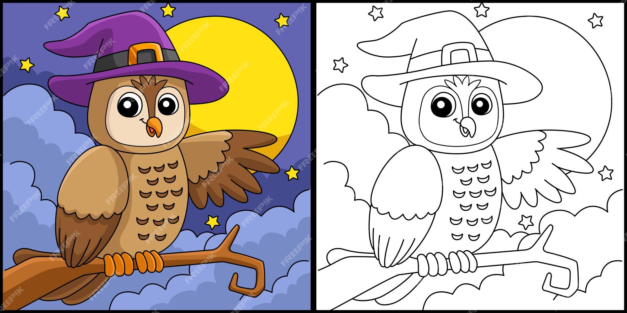 Premium vector owl witch hat halloween coloring page illustration