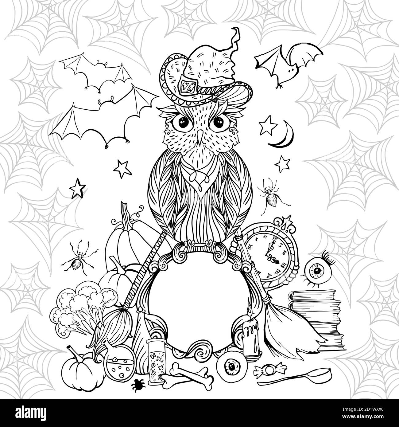 Halloween coloring page with owl in hat witch tools and spider web for halloween holiday vector black outline contour illustration isolated on white stock vector image art