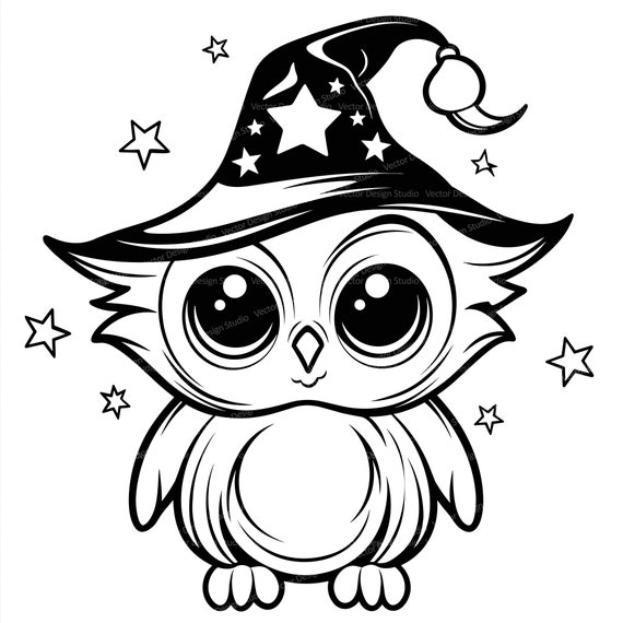 Cute baby owl with witch hat svg png files halloween clipart silhouette vector image kids coloring page svg transparent background