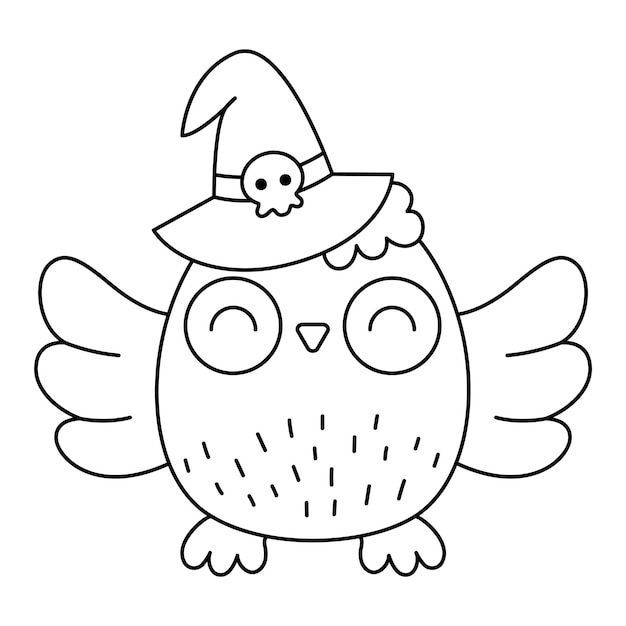 Premium vector vector black and white kawaii owl in witch hat cute smiling halloween line character for kids autumn all saints day cartoon bird with spread wings illustration samhain party coloring