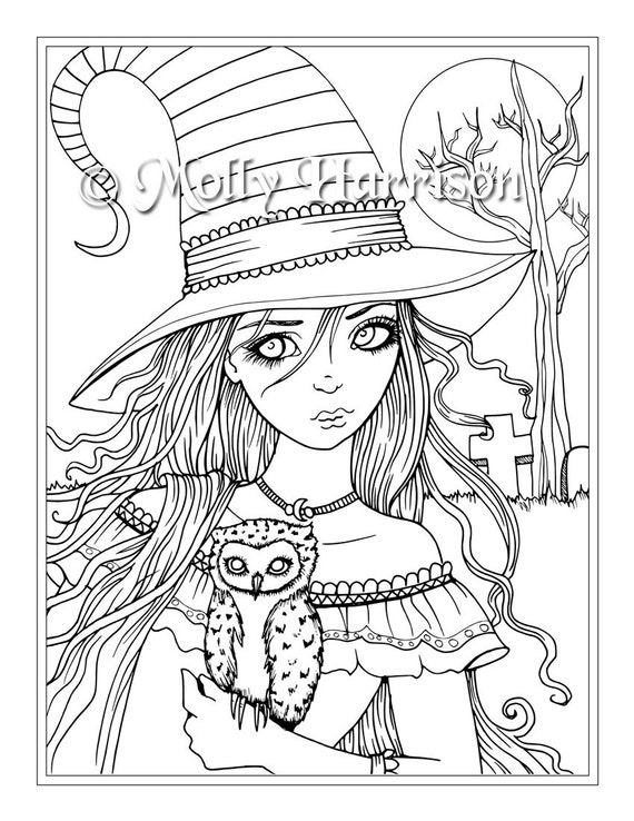 Cute witch with owl coloring page line art by molly harrison fantasy art