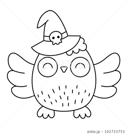 Vector black and white kawaii owl in witch hat