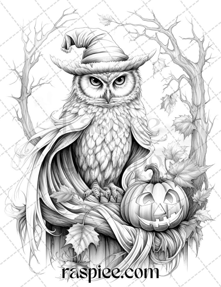 Halloween witch owl grayscale coloring pages for adults and kids prin grayscale coloring grayscale coloring books owl coloring pages