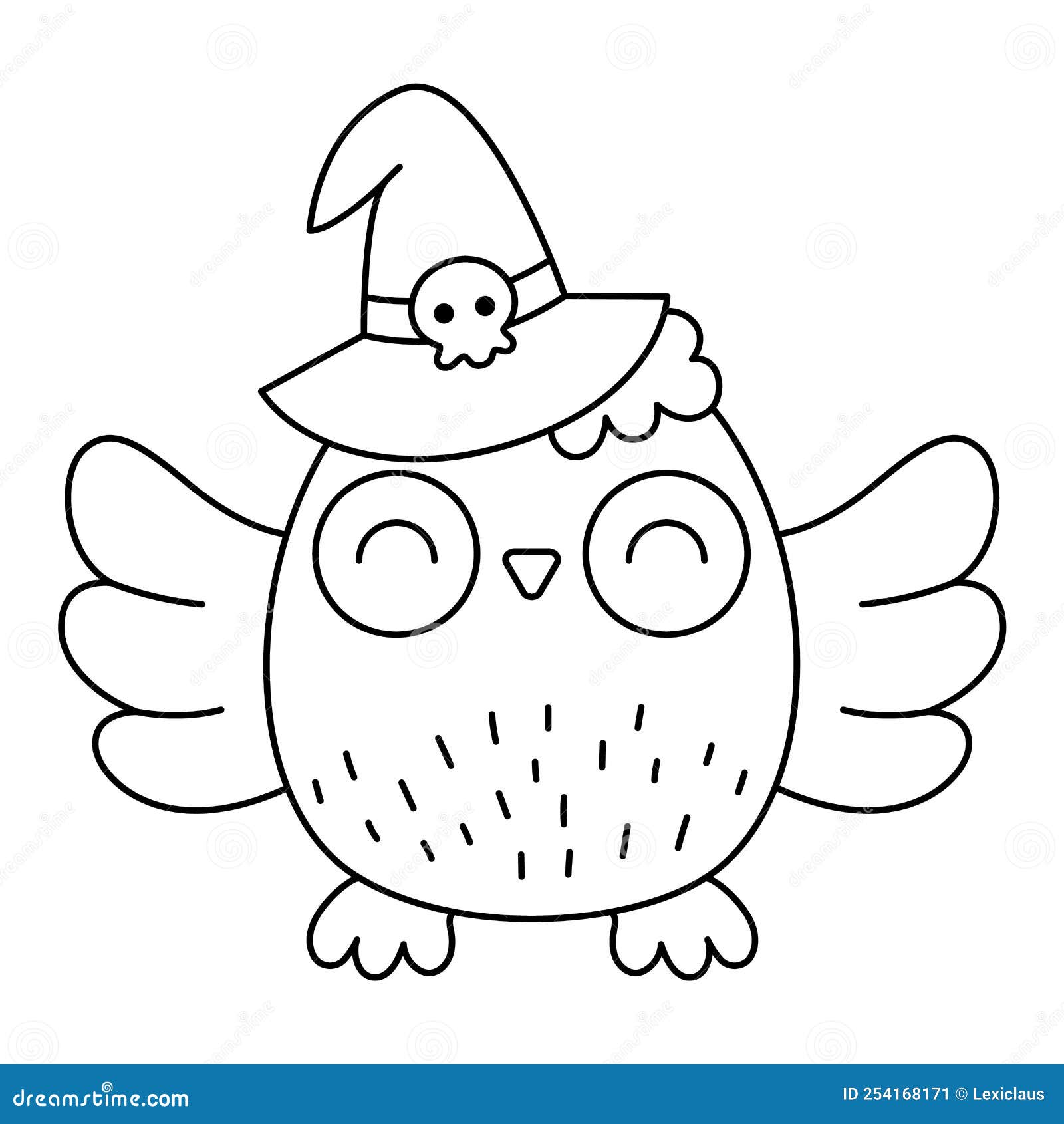 Vector black and white kawaii owl in witch hat cute smiling halloween line character for kids stock vector