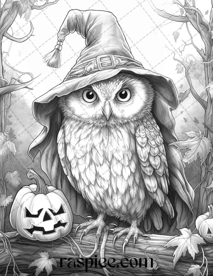 Halloween witch owl grayscale coloring pages for adults and kids prin grayscale coloring coloring pages adult coloring pages