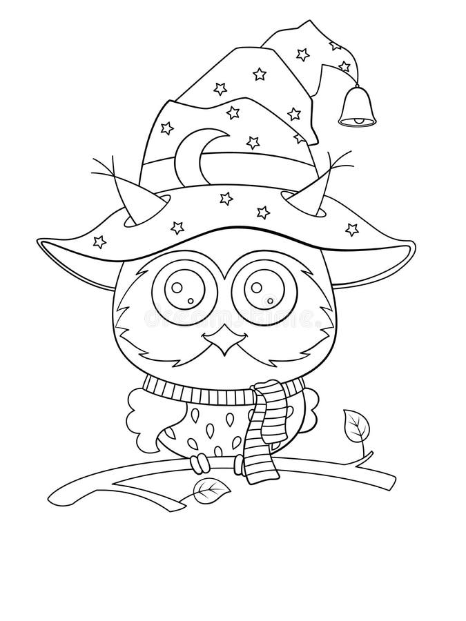 Halloween coloring book page cute owl in the hat stock illustration