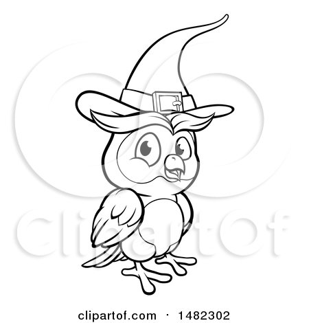 Clipart of a cartoon black and white witch owl wearing a hat